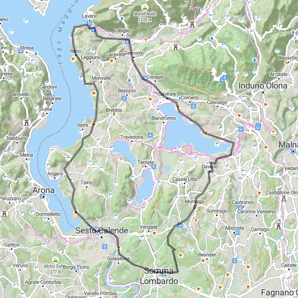 Map miniature of "Somma Lombardo - Monte Motta - Ispra - Sasso d'Arolo - Gavirate - Lake Varese - Monte Cucco - Arsago Seprio" cycling inspiration in Lombardia, Italy. Generated by Tarmacs.app cycling route planner