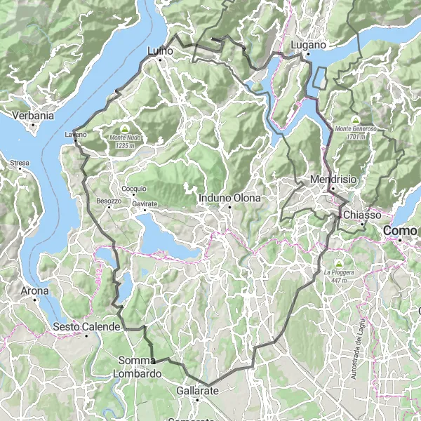 Miniaturní mapa "Cyklistická trasa Monte Cucco - Arsago Seprio" inspirace pro cyklisty v oblasti Lombardia, Italy. Vytvořeno pomocí plánovače tras Tarmacs.app