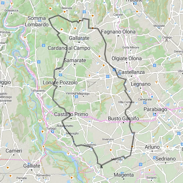 Miniature de la carte de l'inspiration cycliste "Boucle des Collines de la Lombardie" dans la Lombardia, Italy. Générée par le planificateur d'itinéraire cycliste Tarmacs.app