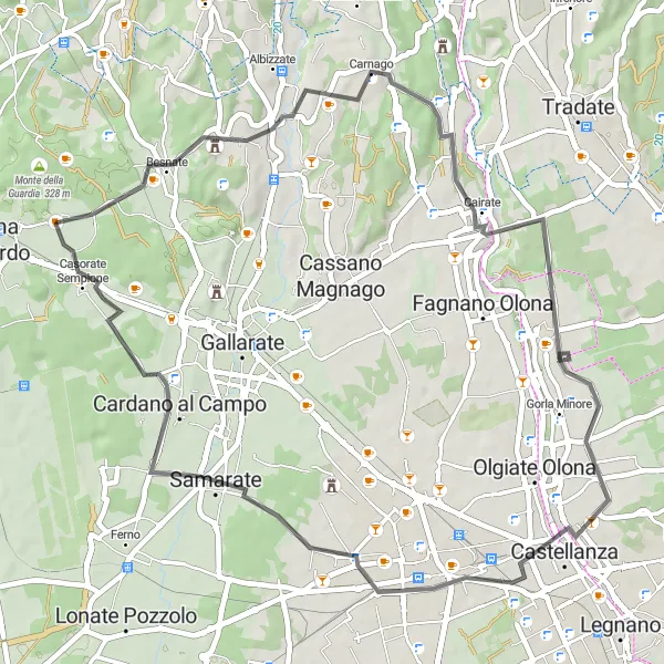 Miniatua del mapa de inspiración ciclista "Recorrido en bicicleta de carretera cerca de Arsago Seprio" en Lombardia, Italy. Generado por Tarmacs.app planificador de rutas ciclistas