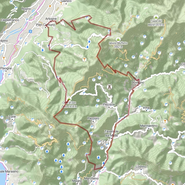 Karttaminiaatyyri "Gravel Reitti Dosso Bassinalettoon ja Monte Campionelle" pyöräilyinspiraatiosta alueella Lombardia, Italy. Luotu Tarmacs.app pyöräilyreittisuunnittelijalla