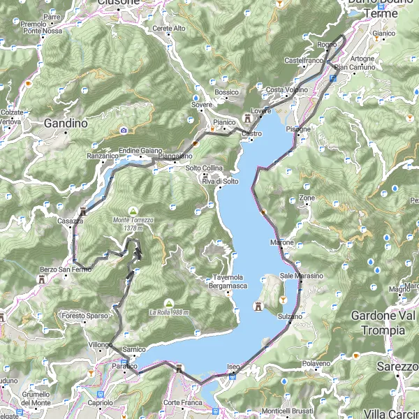 Miniature de la carte de l'inspiration cycliste "La boucle panoramique de Pisogne à Rogno" dans la Lombardia, Italy. Générée par le planificateur d'itinéraire cycliste Tarmacs.app