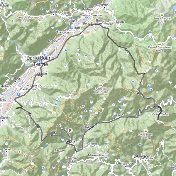 Miniature de la carte de l'inspiration cycliste "Les Montagnes de Lombardie" dans la Lombardia, Italy. Générée par le planificateur d'itinéraire cycliste Tarmacs.app