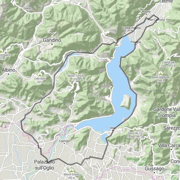 Miniaturní mapa "Cyklotrasa kolem Isea" inspirace pro cyklisty v oblasti Lombardia, Italy. Vytvořeno pomocí plánovače tras Tarmacs.app