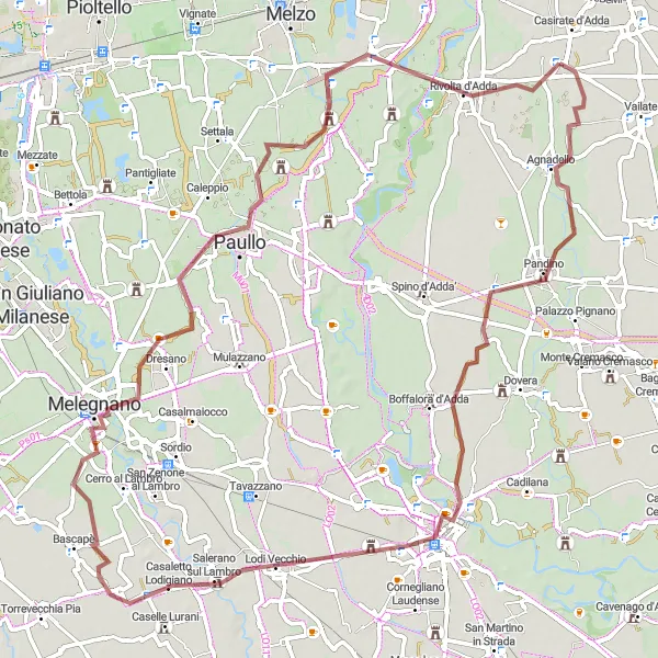 Mapa miniatúra "Gravel trasa cez okolie Arzaga d'Adda" cyklistická inšpirácia v Lombardia, Italy. Vygenerované cyklistickým plánovačom trás Tarmacs.app