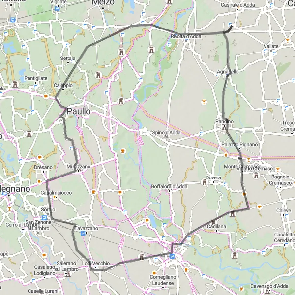 Map miniature of "Monuments and Villages of Adda River Loop" cycling inspiration in Lombardia, Italy. Generated by Tarmacs.app cycling route planner