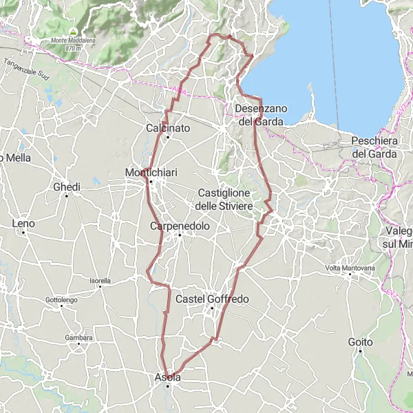 Miniature de la carte de l'inspiration cycliste "Aventure à vélo à travers le vignoble de Montichiari" dans la Lombardia, Italy. Générée par le planificateur d'itinéraire cycliste Tarmacs.app