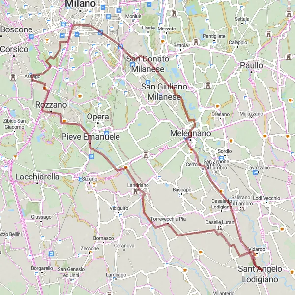 Zemljevid v pomanjšavi "Scenic gravel and road route from Assago" kolesarske inspiracije v Lombardia, Italy. Generirano z načrtovalcem kolesarskih poti Tarmacs.app