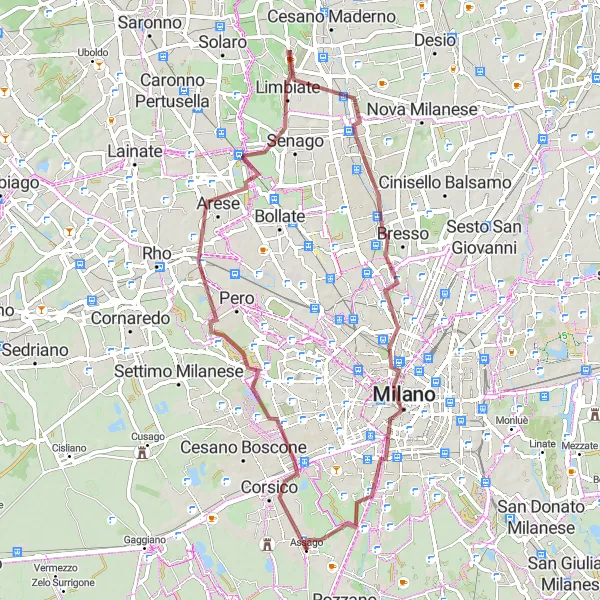 Miniatura della mappa di ispirazione al ciclismo "Tour cicloturistico da Buccinasco a Milano" nella regione di Lombardia, Italy. Generata da Tarmacs.app, pianificatore di rotte ciclistiche