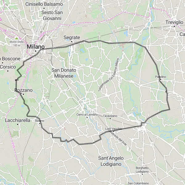 Miniatura della mappa di ispirazione al ciclismo "Avventura su Strada da Assago a Siziano" nella regione di Lombardia, Italy. Generata da Tarmacs.app, pianificatore di rotte ciclistiche