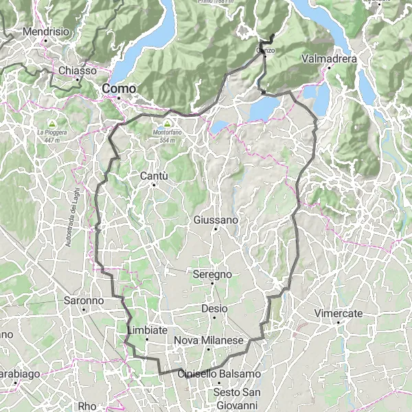 Kartminiatyr av "Utforskende rute til Oggiono og Ceriano Laghetto" sykkelinspirasjon i Lombardia, Italy. Generert av Tarmacs.app sykkelrutoplanlegger