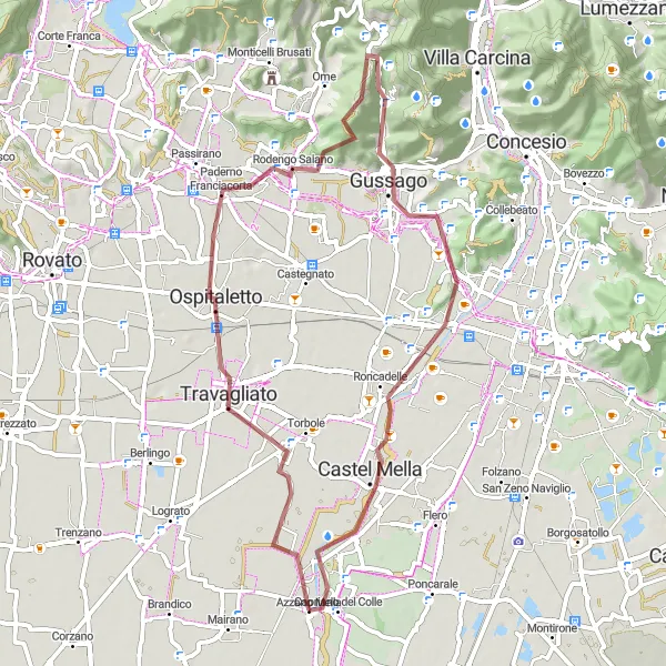 Map miniature of "Gravel Adventure to Capriano del Colle" cycling inspiration in Lombardia, Italy. Generated by Tarmacs.app cycling route planner