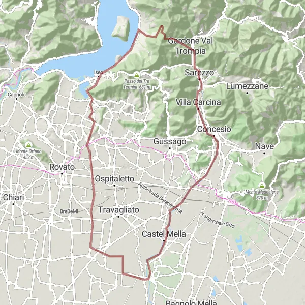 Map miniature of "The Gravel Challenge" cycling inspiration in Lombardia, Italy. Generated by Tarmacs.app cycling route planner