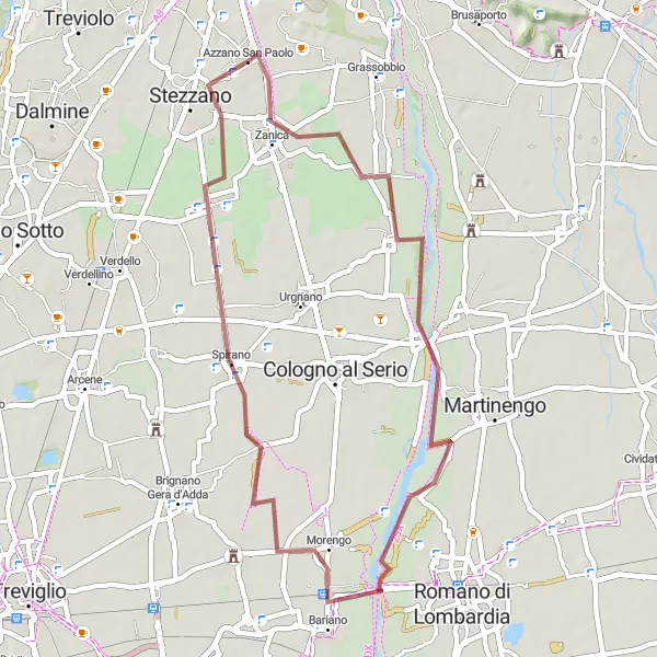 Kartminiatyr av "Grusvei Eventyr fra Azzano San Paolo til Zanica" sykkelinspirasjon i Lombardia, Italy. Generert av Tarmacs.app sykkelrutoplanlegger
