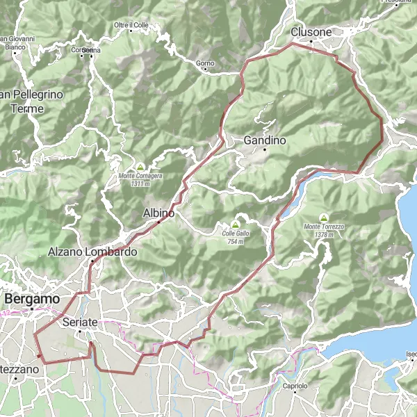 Miniaturní mapa "Gravel Route through Alzano Lombardo and Borgo di Terzo" inspirace pro cyklisty v oblasti Lombardia, Italy. Vytvořeno pomocí plánovače tras Tarmacs.app