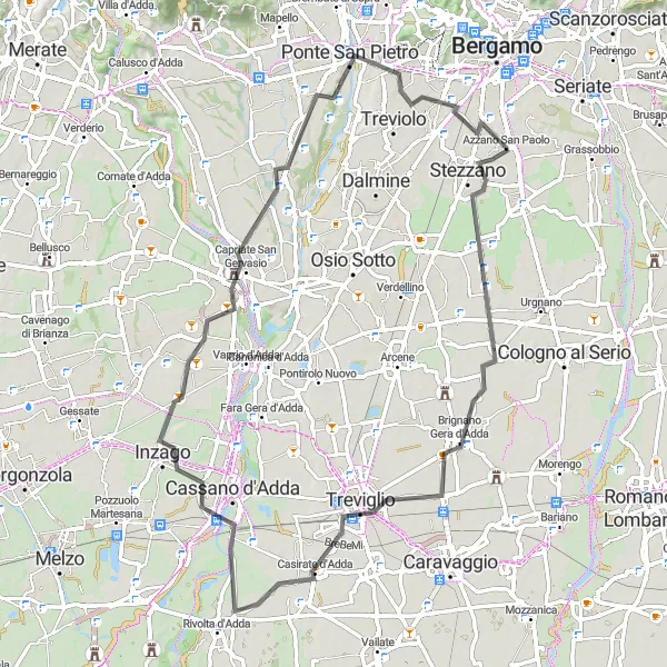 Miniaturní mapa "Kulturní okruh okolo Azzano San Paolo" inspirace pro cyklisty v oblasti Lombardia, Italy. Vytvořeno pomocí plánovače tras Tarmacs.app