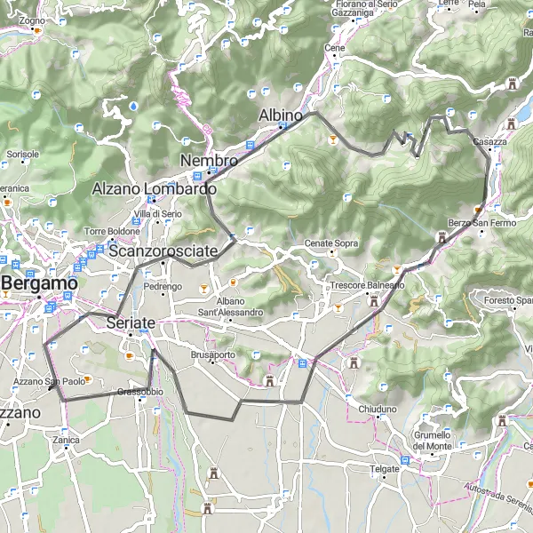 Karttaminiaatyyri "Maantielenkki Bergamon ympäristössä" pyöräilyinspiraatiosta alueella Lombardia, Italy. Luotu Tarmacs.app pyöräilyreittisuunnittelijalla