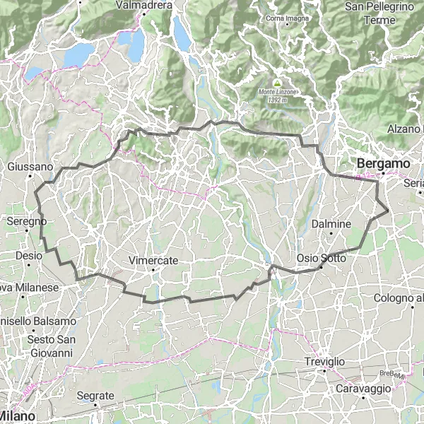 Zemljevid v pomanjšavi "Krožna kolesarska pot okoli Lombardije" kolesarske inspiracije v Lombardia, Italy. Generirano z načrtovalcem kolesarskih poti Tarmacs.app