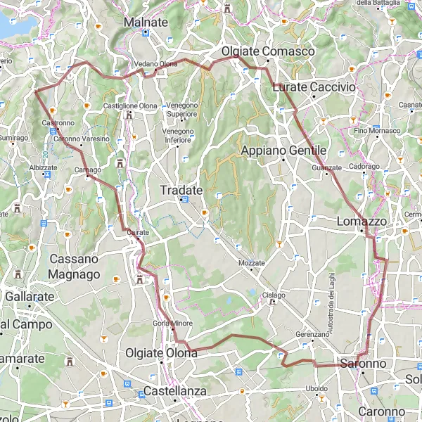 Map miniature of "Lakes and Villages Gravel Adventure" cycling inspiration in Lombardia, Italy. Generated by Tarmacs.app cycling route planner