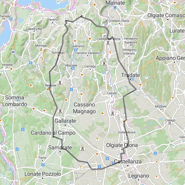 Miniatuurkaart van de fietsinspiratie "Historische Route Rondom Azzate" in Lombardia, Italy. Gemaakt door de Tarmacs.app fietsrouteplanner