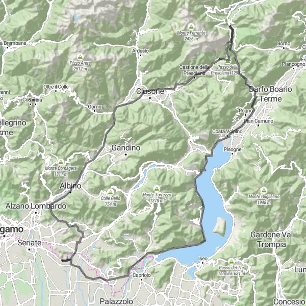 Kartminiatyr av "Bergamo Heights Challenge" sykkelinspirasjon i Lombardia, Italy. Generert av Tarmacs.app sykkelrutoplanlegger