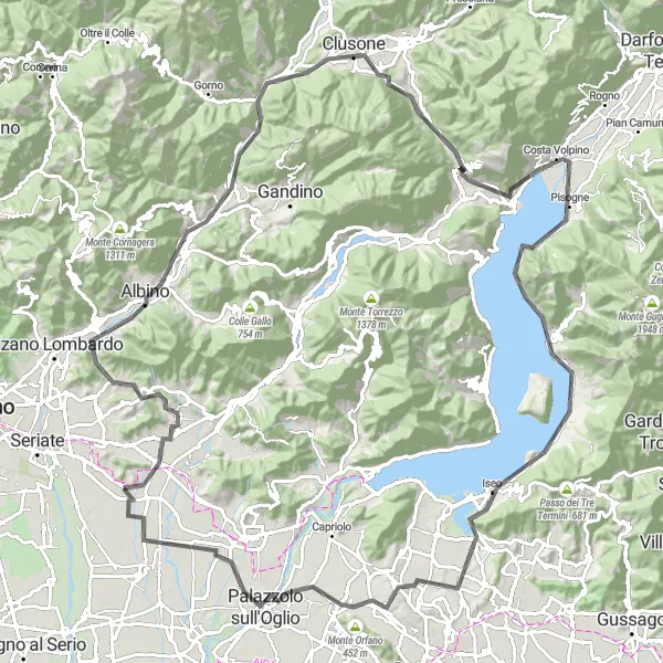 Kartminiatyr av "Långvägcykling till Iseo och Erbusco" cykelinspiration i Lombardia, Italy. Genererad av Tarmacs.app cykelruttplanerare