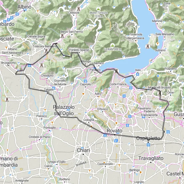 Map miniature of "Serene Iseo Lake and Challenging Climbs" cycling inspiration in Lombardia, Italy. Generated by Tarmacs.app cycling route planner
