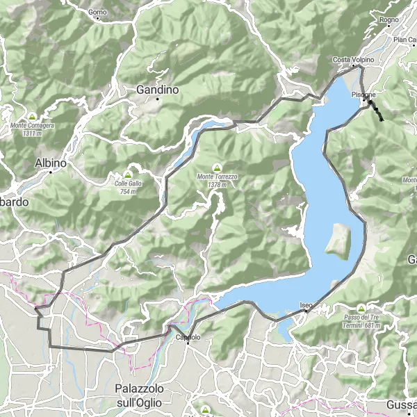 Mapa miniatúra "Cyklotrasa cez Pisogne a Iseo" cyklistická inšpirácia v Lombardia, Italy. Vygenerované cyklistickým plánovačom trás Tarmacs.app