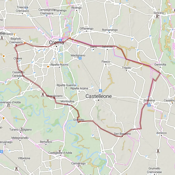 Miniaturní mapa "Gravelový okruh kolem Bagnolo Cremasco" inspirace pro cyklisty v oblasti Lombardia, Italy. Vytvořeno pomocí plánovače tras Tarmacs.app