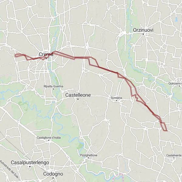 Mapa miniatúra "Gravel okruh cez Bagnolo Cremasco" cyklistická inšpirácia v Lombardia, Italy. Vygenerované cyklistickým plánovačom trás Tarmacs.app