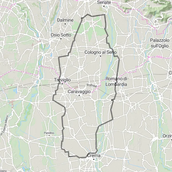 Miniatua del mapa de inspiración ciclista "Ruta en carretera a Crema y Romano di Lombardia" en Lombardia, Italy. Generado por Tarmacs.app planificador de rutas ciclistas