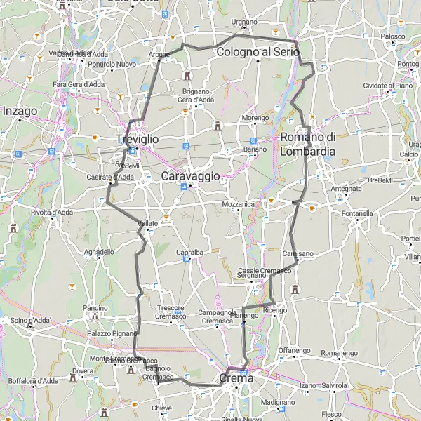 Mapa miniatúra "Road Adventure to Crema" cyklistická inšpirácia v Lombardia, Italy. Vygenerované cyklistickým plánovačom trás Tarmacs.app