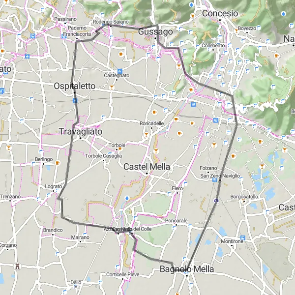 Miniatua del mapa de inspiración ciclista "Ruta por carretera cerca de Bagnolo Mella" en Lombardia, Italy. Generado por Tarmacs.app planificador de rutas ciclistas