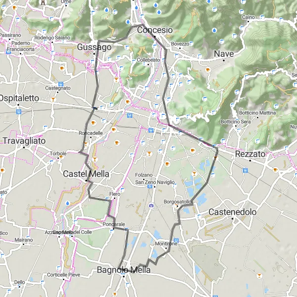 Miniatura della mappa di ispirazione al ciclismo "Pedalata intorno a Brescia" nella regione di Lombardia, Italy. Generata da Tarmacs.app, pianificatore di rotte ciclistiche