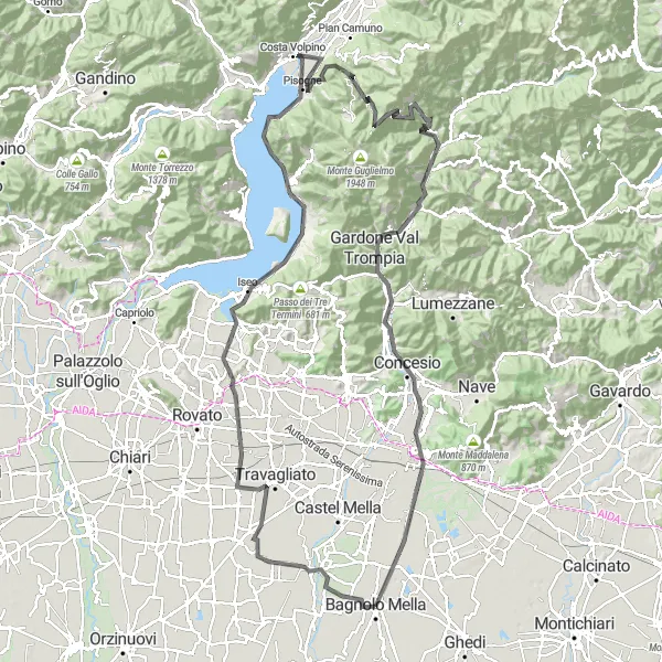 Zemljevid v pomanjšavi "Gorsko kolesarjenje okoli Bagnola Mella" kolesarske inspiracije v Lombardia, Italy. Generirano z načrtovalcem kolesarskih poti Tarmacs.app