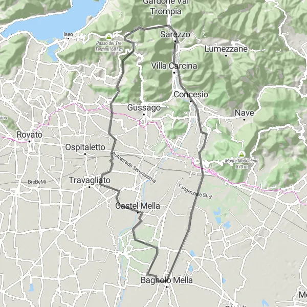 Miniatua del mapa de inspiración ciclista "Aventura de ciclismo de 75 km cerca de Bagnolo Mella" en Lombardia, Italy. Generado por Tarmacs.app planificador de rutas ciclistas