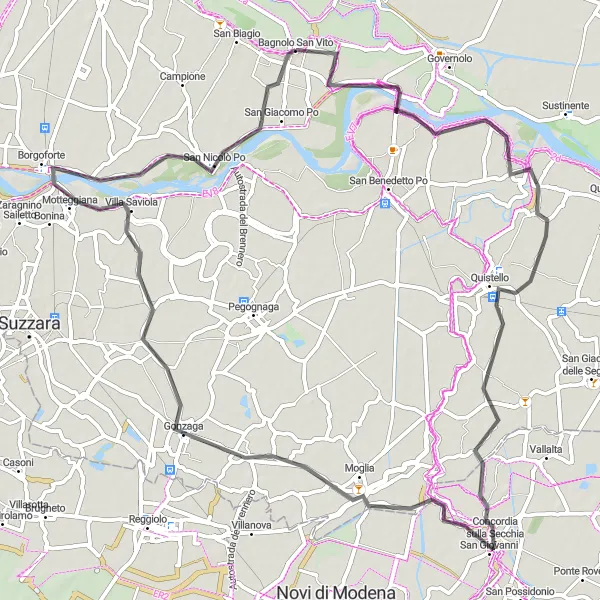 Karttaminiaatyyri "Rengasreitti Bagnolo San Vitosta Quistellon kautta back" pyöräilyinspiraatiosta alueella Lombardia, Italy. Luotu Tarmacs.app pyöräilyreittisuunnittelijalla