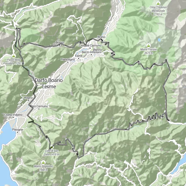 Map miniature of "Bagolino - Colle di San Zeno - Giogo del Maniva" cycling inspiration in Lombardia, Italy. Generated by Tarmacs.app cycling route planner