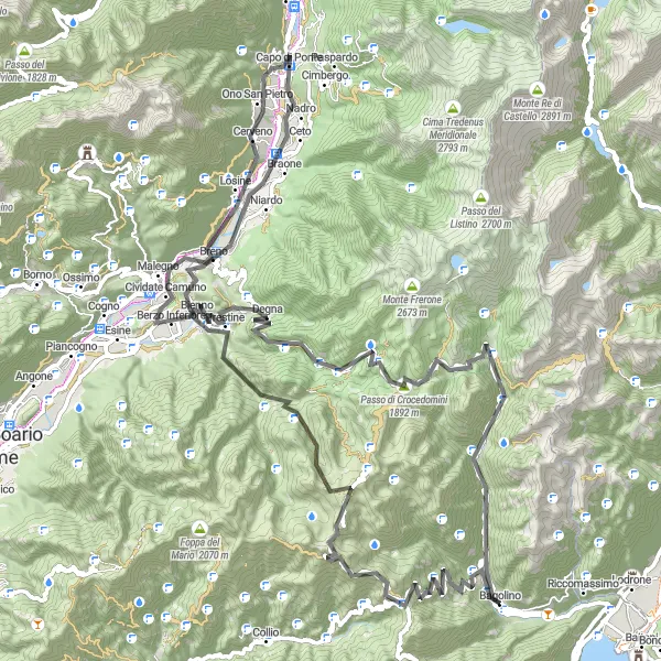 Zemljevid v pomanjšavi "Kolesarjenje med gorskimi vrhovi in slikovitimi dolinami Lombardije" kolesarske inspiracije v Lombardia, Italy. Generirano z načrtovalcem kolesarskih poti Tarmacs.app