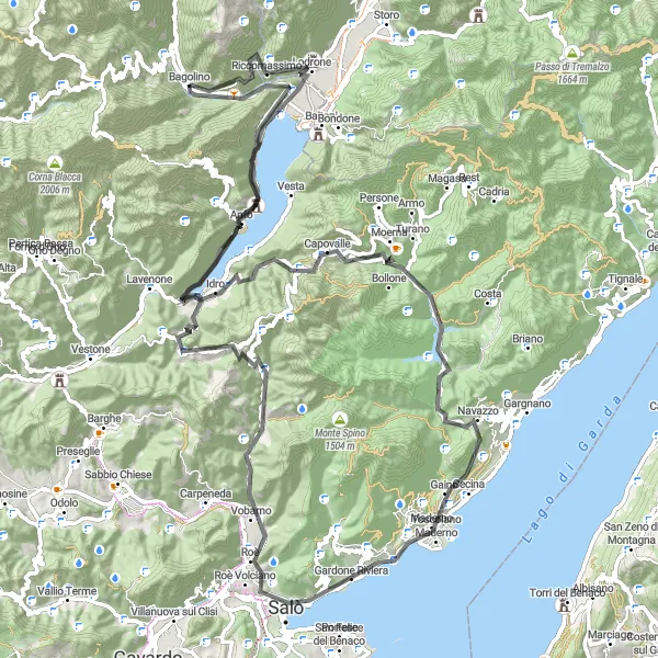 Zemljevid v pomanjšavi "Krožna kolesarska pot okoli jezera Idro" kolesarske inspiracije v Lombardia, Italy. Generirano z načrtovalcem kolesarskih poti Tarmacs.app