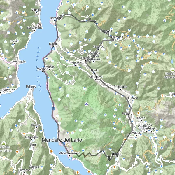 Miniatura della mappa di ispirazione al ciclismo "Cicloturismo tra Abbadia Lariana e Dervio" nella regione di Lombardia, Italy. Generata da Tarmacs.app, pianificatore di rotte ciclistiche