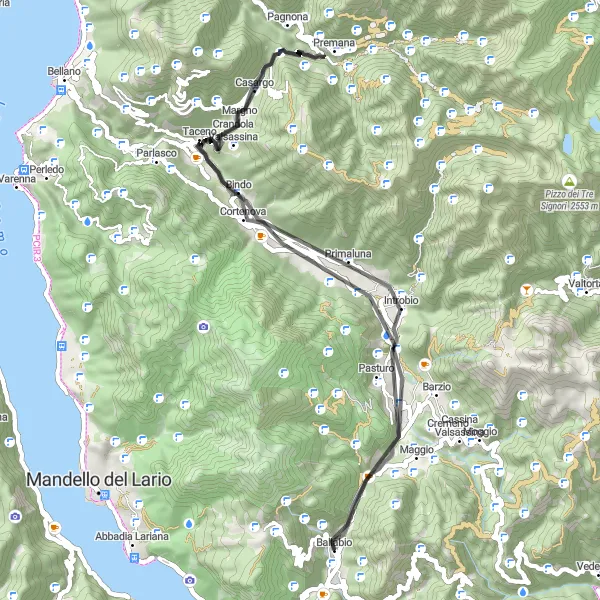 Miniatura della mappa di ispirazione al ciclismo "Biciclettata panoramica a Cortenova" nella regione di Lombardia, Italy. Generata da Tarmacs.app, pianificatore di rotte ciclistiche