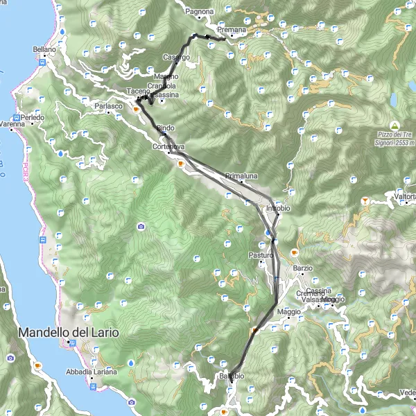 Miniature de la carte de l'inspiration cycliste "Tour des Montagnes" dans la Lombardia, Italy. Générée par le planificateur d'itinéraire cycliste Tarmacs.app