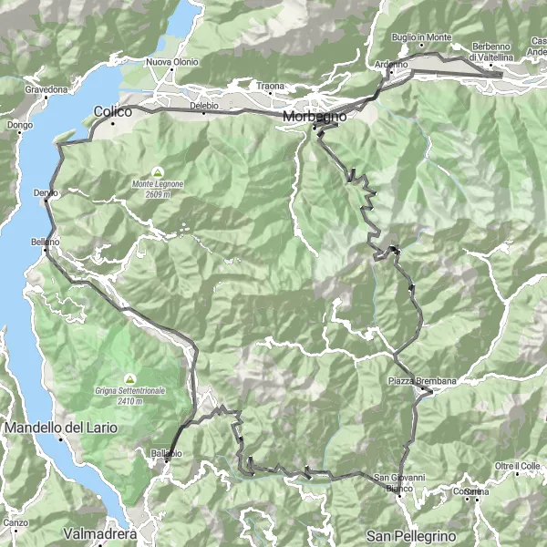 Kartminiatyr av "Upplev Belvedere della Cascata och Morbegno på en härlig landsvägsrunda" cykelinspiration i Lombardia, Italy. Genererad av Tarmacs.app cykelruttplanerare
