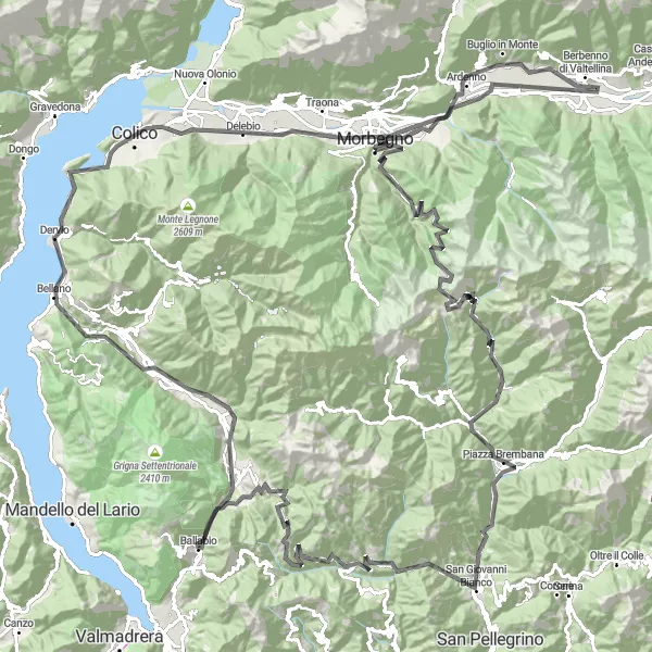 Map miniature of "The Valtellina Valley Adventure" cycling inspiration in Lombardia, Italy. Generated by Tarmacs.app cycling route planner