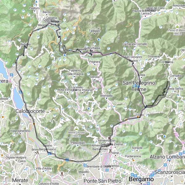 Map miniature of "The Sensational San Pellegrino Loop" cycling inspiration in Lombardia, Italy. Generated by Tarmacs.app cycling route planner