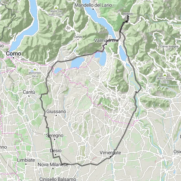 Map miniature of "The Majestic Route to Monte Robbio" cycling inspiration in Lombardia, Italy. Generated by Tarmacs.app cycling route planner