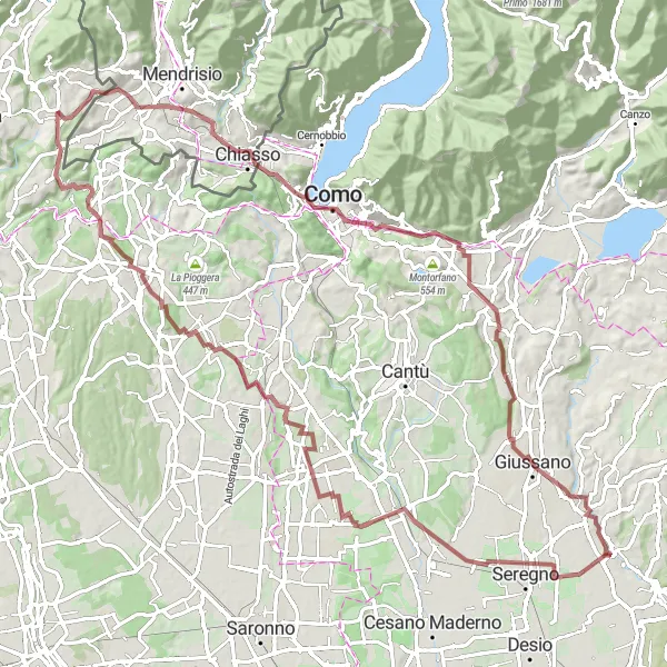 Karttaminiaatyyri "Montalbano ja Monte Olimpino Gravel Cycle" pyöräilyinspiraatiosta alueella Lombardia, Italy. Luotu Tarmacs.app pyöräilyreittisuunnittelijalla