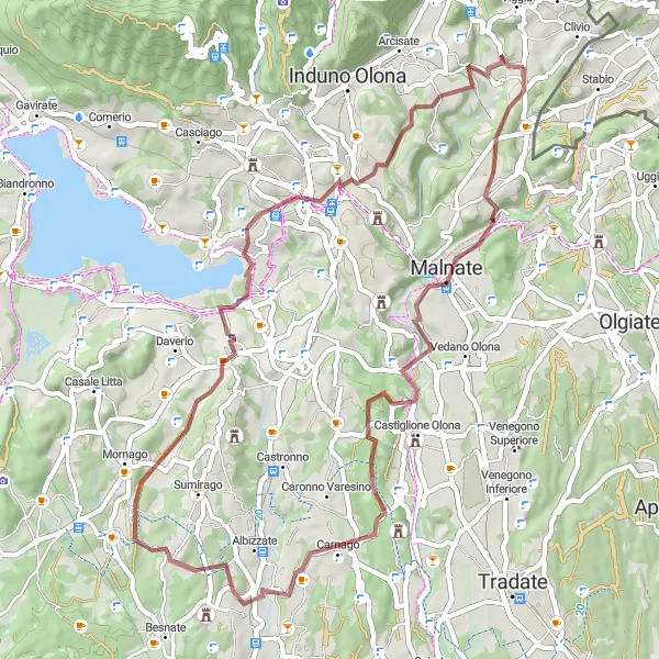 Map miniature of "Glorious Gravel: Cantello and Beyond" cycling inspiration in Lombardia, Italy. Generated by Tarmacs.app cycling route planner