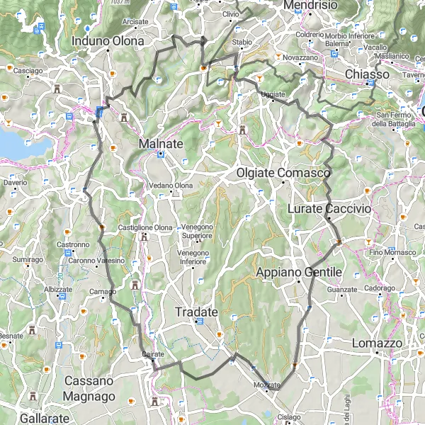 Zemljevid v pomanjšavi "Kolesarska pot okoli Baraggia" kolesarske inspiracije v Lombardia, Italy. Generirano z načrtovalcem kolesarskih poti Tarmacs.app